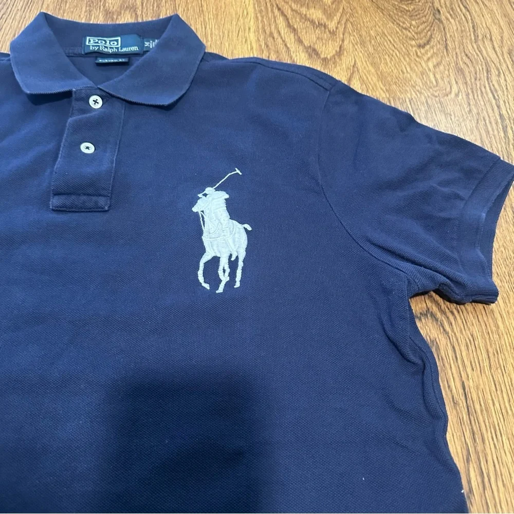 Ralph Lauren Navy Blue Big Pony Polo White Logo shirt size medium custom fit
